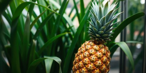 Fototapeta premium Fresh pineapple with green leaves in a terrarium, succulent arrangement, fresh fruit, indoor plant