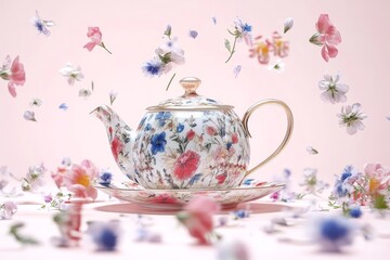 Teapot and Flowers Falling on Pink, Fresh Spring Blooms in Teacup, Graceful Flat Lay Composition for Ad or Packaging