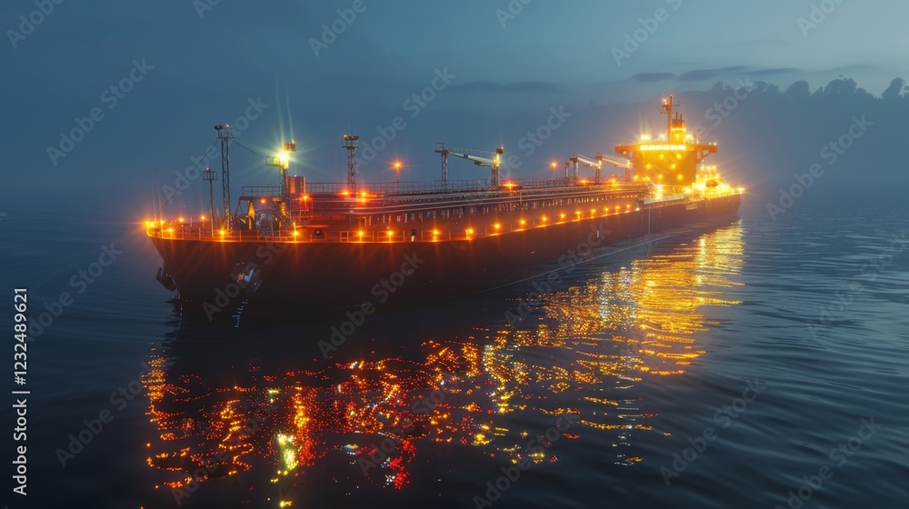 Aufkleber a cargo ship with glowing lights navigates through calm waters during twilight, reflecting colors on
