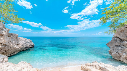 Fototapeta premium Secluded cove, turquoise water, sunny sky, rocky shores, tropical beach vacation