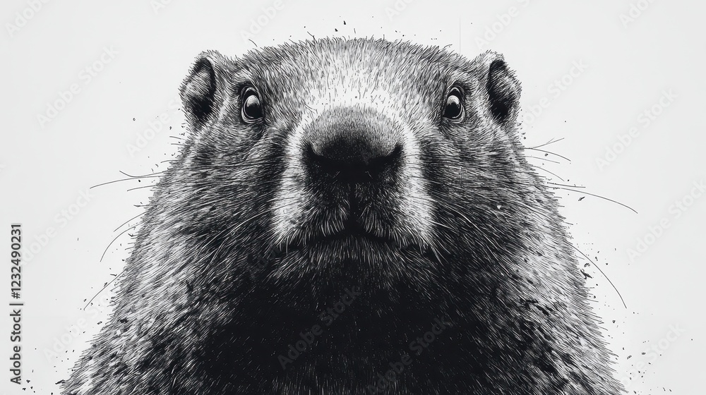 Poster abstract monochrome image of a marmot made up of small black and white dots, creating a pointillist 