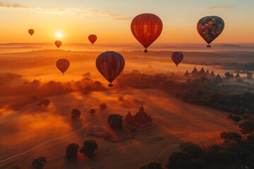 Obraz premium Hot air balloons floating above the ancient temples of Bagan at dawn, capturing the majestic sunrise over Myanmar's historical cityscape and lush landscape.
