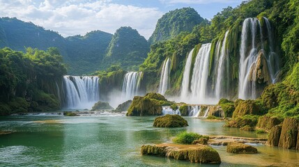 Fototapeta premium Majestic waterfall cascades into serene pool, lush green mountains backdrop, travel destination