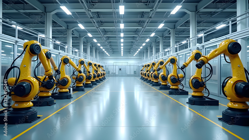 Poster a row of yellow robotic arms in a modern industrial setting, emphasizing automation and technology i