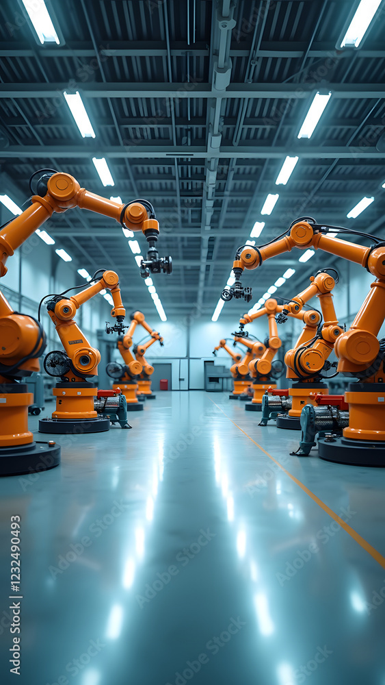 Poster a modern industrial facility featuring multiple orange robotic arms arranged in rows, showcasing aut