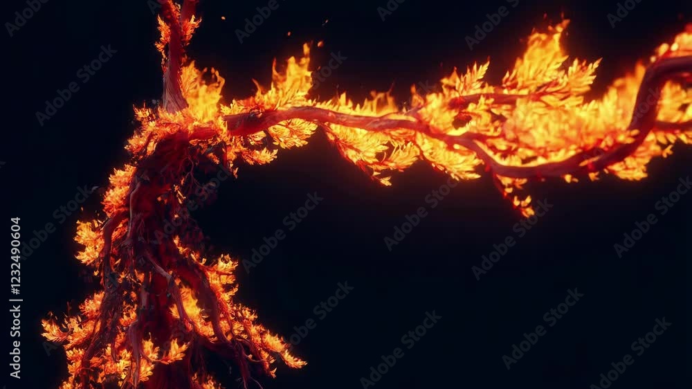Poster glowing embers illuminate a burning bonsai tree branch, creating a dramatic display of fire and frag