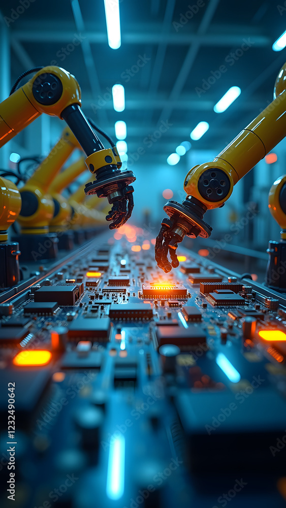 Poster advanced robotic arms work collaboratively on a circuit board in a high-tech manufacturing facility,