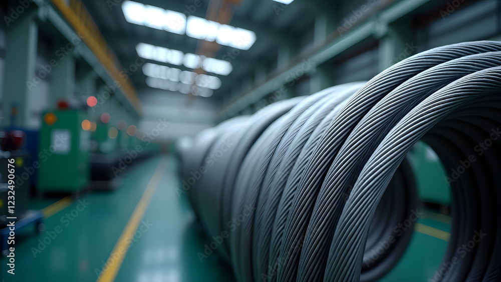 Poster coiled steel wires are neatly arranged in a factory setting, showcasing industrial materials and a s