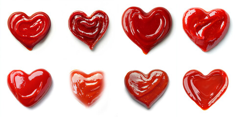 Ketchup Heart Shapes Collection - Eight heart shapes made of ketchup, isolated on white background.  Perfect for Valentine's Day, love, food, condiment, and sauce concepts.