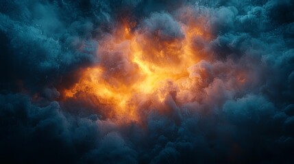 Fototapeta premium A slow-motion rain effect. An explosion featuring a blazing orange core set against a dark, smoky atmosphere