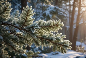 Frosty pine branches illuminated by soft winter light amidst a serene Nordic floral background, serene, frosty, pine
