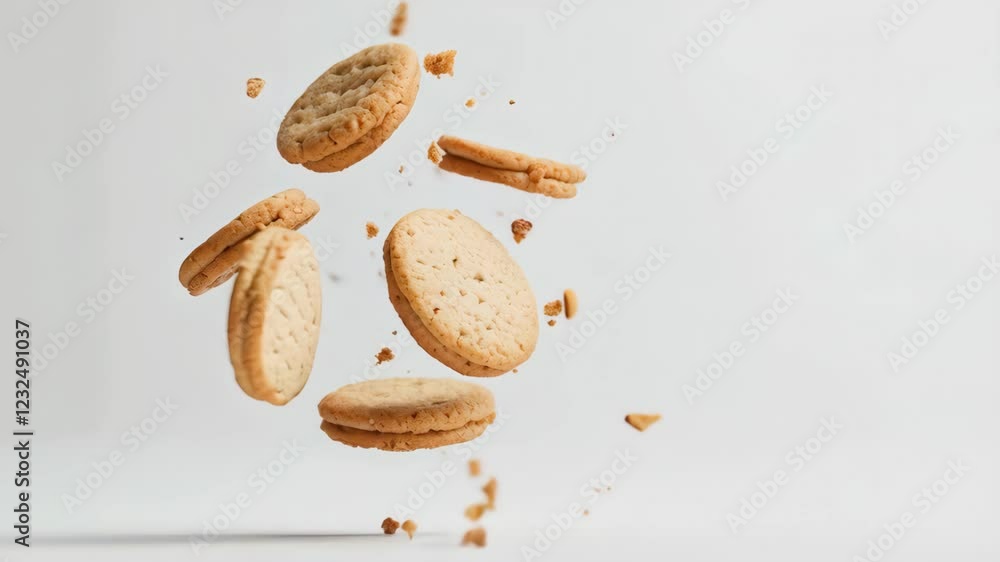 Aufkleber Sandwich cookies with filling are rotating and levitating on a white background, creating a visually appealing and dynamic scene with crumbs scattered around