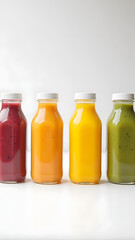 Colorful juice bottles in a row featuring vibrant shades of red, orange, yellow, and green, showcasing healthy beverage options with a modern aesthetic
