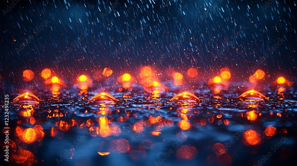 Poster abstract pattern combining slow-motion raindrops and orange and blue bokeh lights