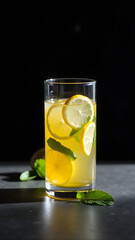 A refreshing glass of lemonade with lemon slices and mint leaves, illuminated against a dark background, evoking a sense of summer and relaxation