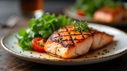 Grilled salmon fillet served on a plate with fresh herbs and cherry tomatoes, showcasing vibrant colors and textures in an appetizing arrangement
