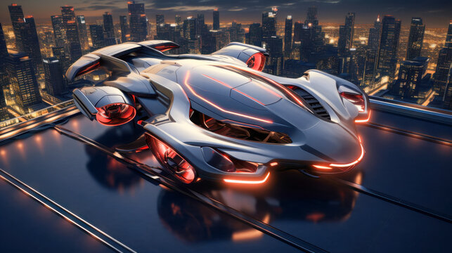 Flying car illuminated by neon lights soaring above a futuristic cityscape at twilight with a vibrant skyline in the backdrop