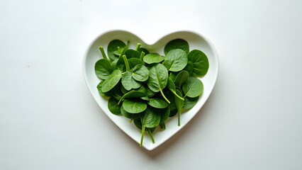 A heart-shaped bowl holds fresh green spinach leaves, symbolizing health and nutrition, perfect for a healthy lifestyle or culinary themes