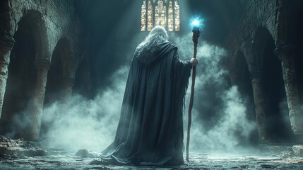 Obraz premium Powerful Wizard in Medieval Chamber with Magical Light. Generative AI