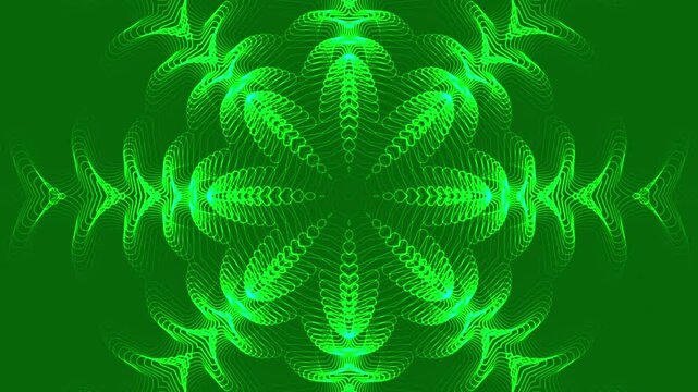 Kaleidoscope background animation in green color with seamless looping. Hypnotic movement. Looped animation of lines and floral patterns radiating outward and inward. 

