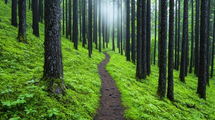 Fototapeta premium Lush Green Forest Pathway Surrounded by Tall Trees and Fog