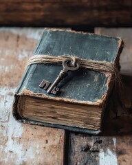Antique book, key, rustic wooden background, secrets, mystery, historical