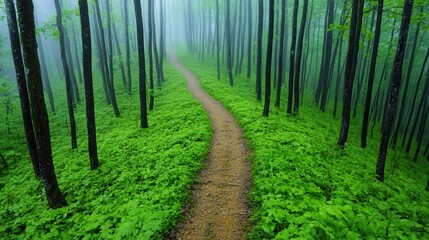 Fototapeta premium Serene Path Through Lush Green Forest Shrouded in Morning Mist