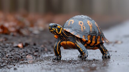 Fototapeta premium The grand tortoise moves across a sandy trail, embodying wisdom and patience
