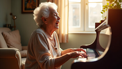An elderly woman with curly white hair joyfully plays piano in a sunlit room, expressing happiness and nostalgia while creating beautiful music