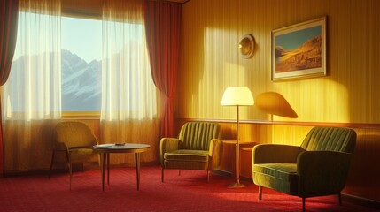 Sunny mountain view from retro hotel room.