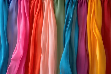 A minimalist display of vibrant silk ribbons hanging vertically, each in a different bright hue, creating a colorful contrast