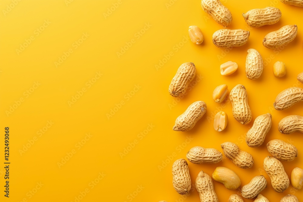 Poster peanuts in the shell and shelled peanuts arranged on a yellow backdrop, offering a vibrant and appet