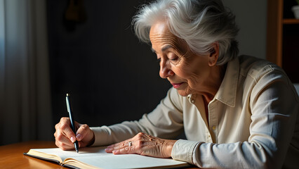 An elderly Asian woman writes in a notebook at a table, focused and serene, illuminated by soft natural light, showcasing her dedication to journaling or personal reflection