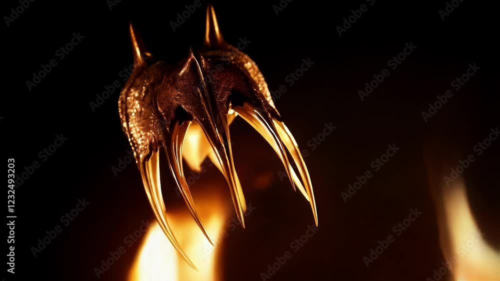 Poster glowing metallic claws with sharp points emerge from vibrant flames against a stark black backdrop, 