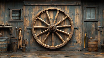 Obraz premium Rustic wooden wagon wheel, old workshop, tools, background