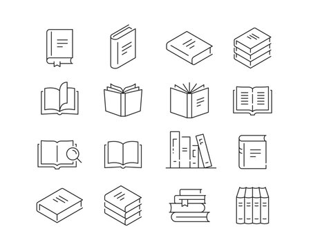Books and Reading Icon collection containing 16 editable stroke icons. Perfect for logos, stats and infographics. Edit the thickness of the line in Adobe Illustrator (or any vector capable app).