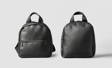 Naklejka premium Two views of a small black backpack on a light gray background.