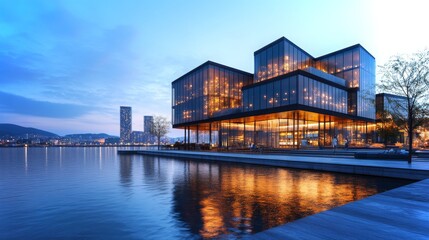 Fototapeta premium Modern architecture reflects in tranquil water during twilight near urban landscape