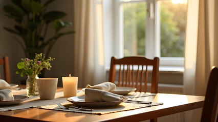 Fototapeta premium A cozy dining table set with plates and utensils, a lit candle, and a small vase of flowers, bathed in warm sunlight by the window