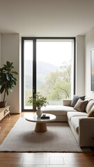 Fototapeta premium A modern living room features a cozy white sofa, a wooden coffee table, and large windows showcasing a scenic mountain view with lush greenery outside