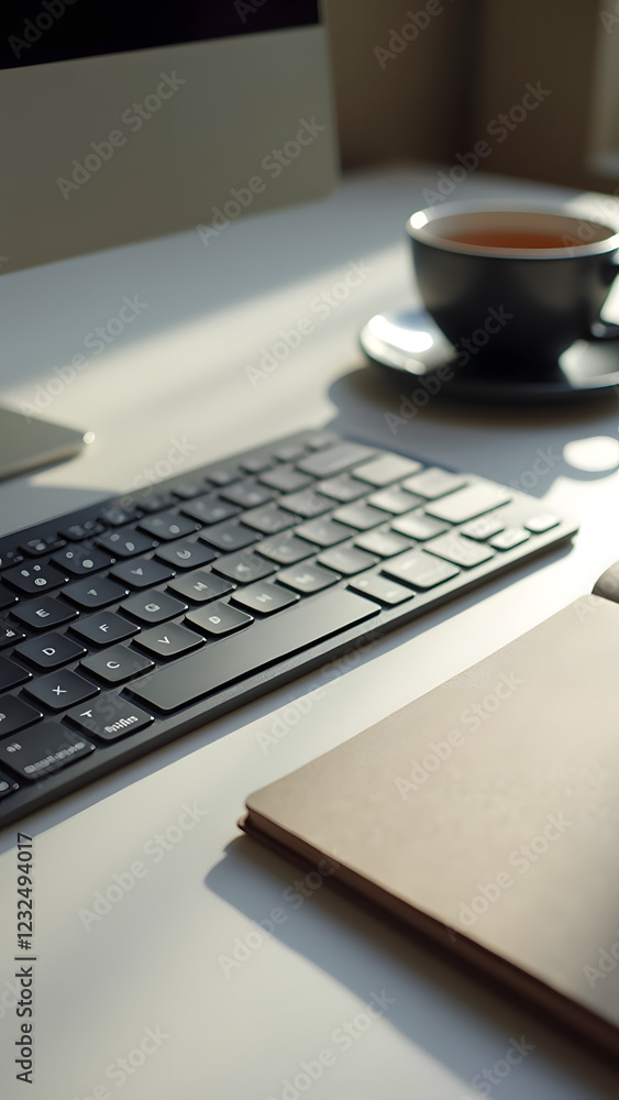 Poster A modern workspace features a sleek keyboard, a notepad, and a cup of coffee, illuminated by soft sunlight, creating a cozy atmosphere for creativity and productivity