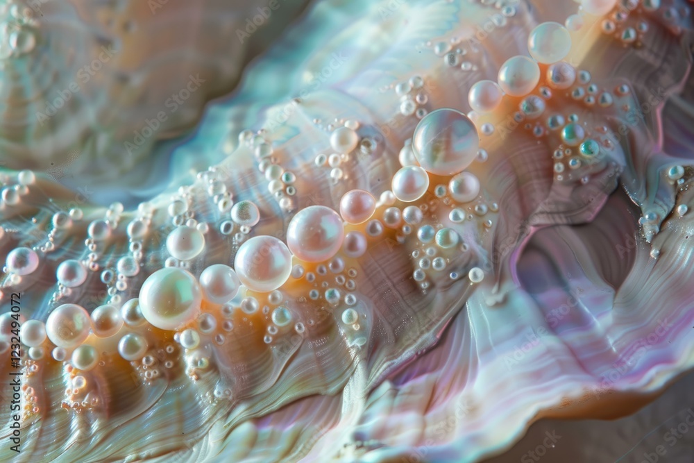 Poster close up of an oyster shell showing many beautiful pearls growing inside, creating a luxurious and e