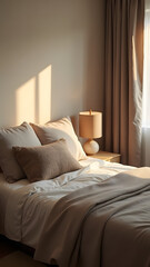 A cozy bedroom scene featuring soft, neutral bedding and warm sunlight filtering through the curtains highlighting a bedside lamp and decorative pillow