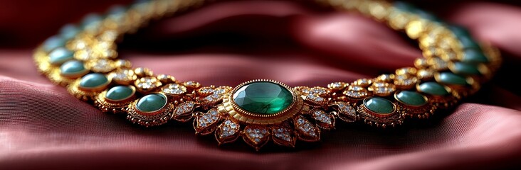An elegant green emerald jewelry piece set on a blend of red and blue fabric ideal for weddings or special occasions