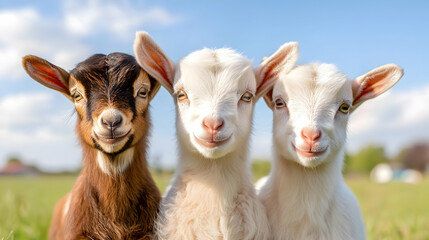 Obraz premium Three baby goats smiling in a field, sunny day
