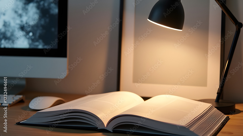 Poster an open book lies on a wooden desk under a lamp, with a computer in the background and a blank frame