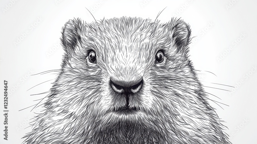 Poster close up portrait of a marmot composed of tiny black and white dots, creating a pointillist effect a