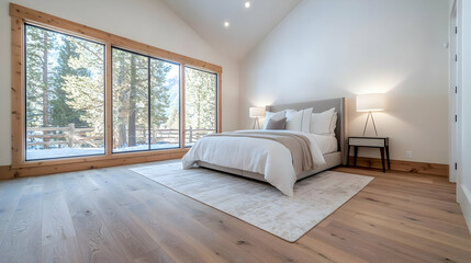 Luxurious mountain bedroom, snowy view, hardwood floors, winter escape