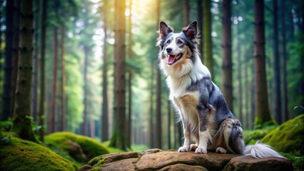 A blue merle border collie sits on a rocky outcropping surrounded by tall trees and lush greenery with its chest heaved from panting in a serene natural setting, forest animals, border collie breed