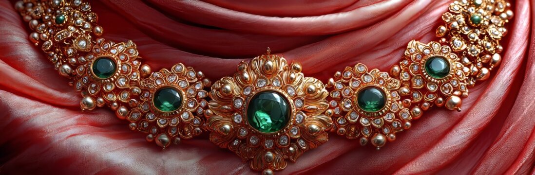 The perfect touch for weddings or special occasions, an elegant green emerald jewelry set on a fabric of red and blue
